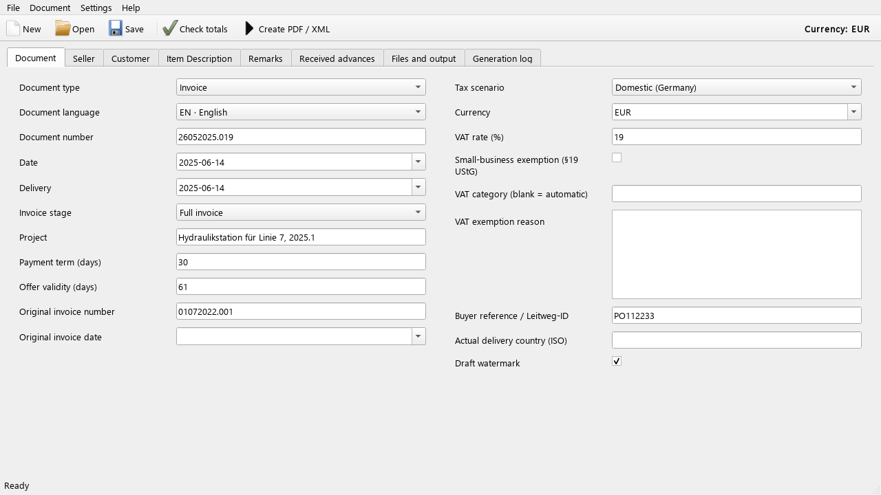 The LuaBill desktop interface. Interface and document languages can be selected separately.