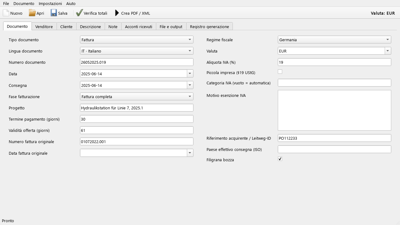 L'interfaccia desktop di LuaBill. La lingua dell'interfaccia e quella del documento si scelgono separatamente.